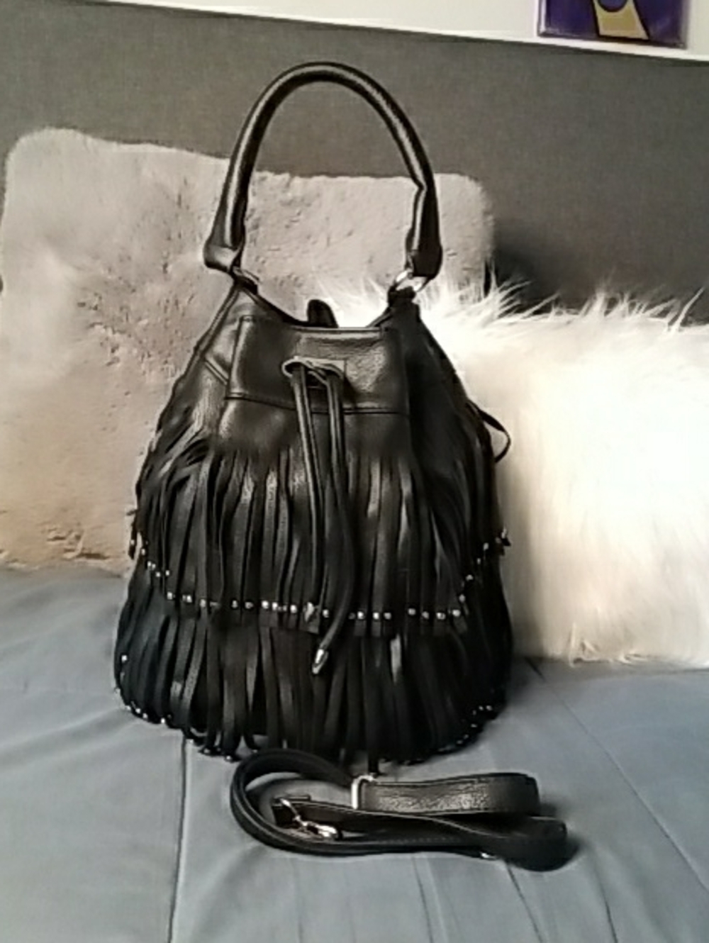 Black Fringe Hobo Bag with Detachable Strap